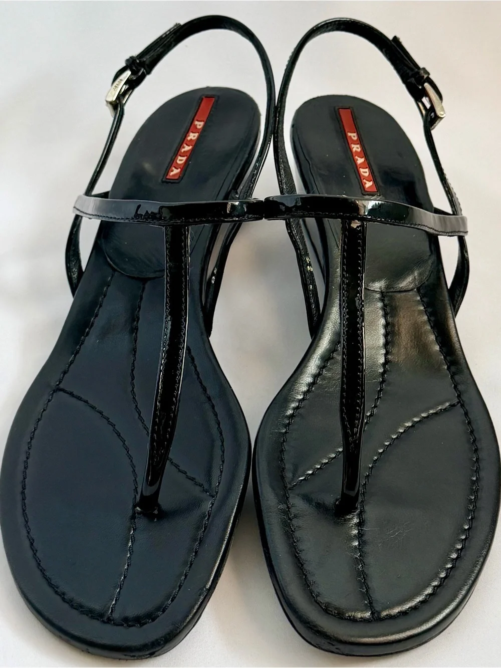 Prada Linea Rossa Vintage Y2K Black Patent Leather T-Strap Wedge Sandals 39 US 8